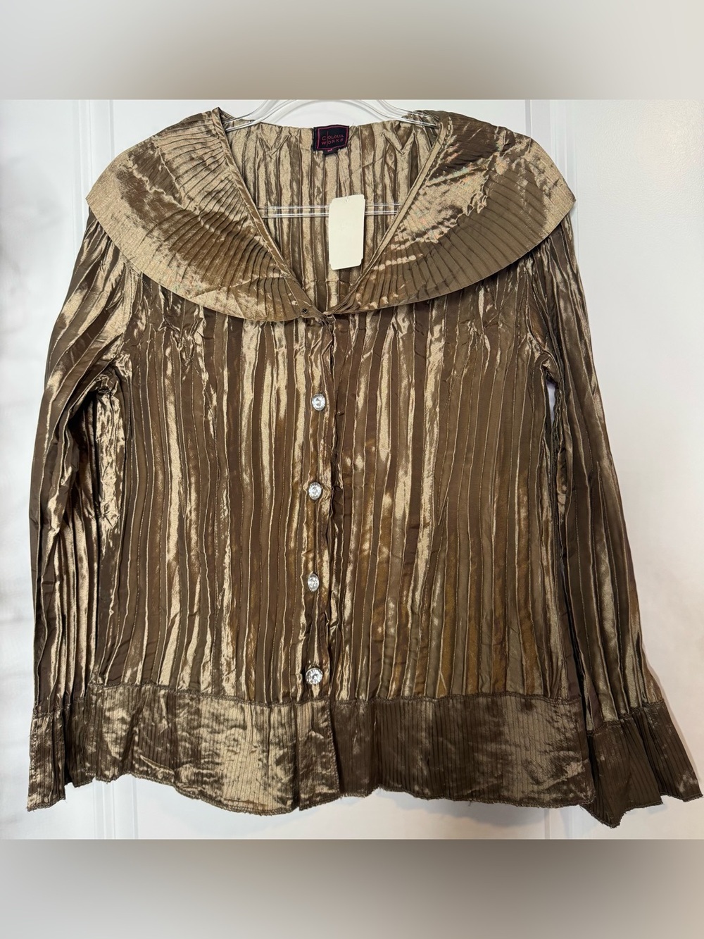 Colour works Metallic Taupe Pleated Button-Down Blouse with Wide Collar sz MD